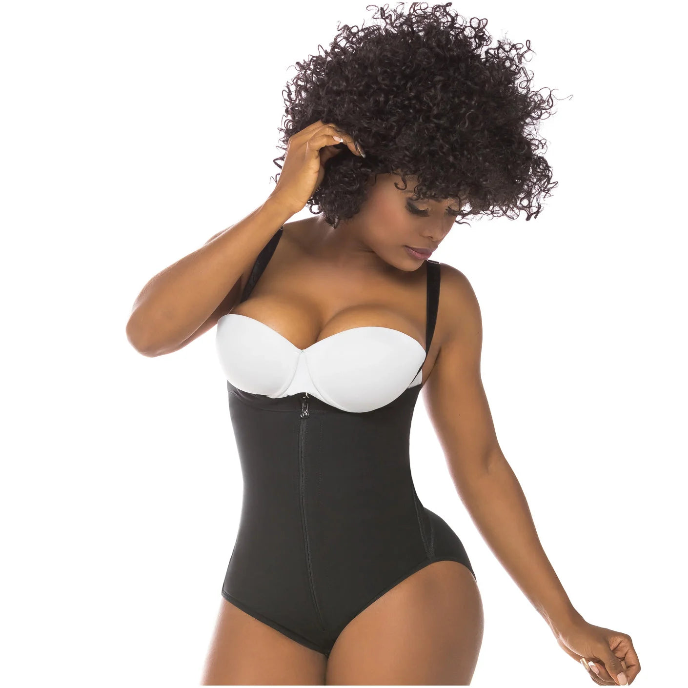 Black full-body shapewear with front zipper and open bust, worn with white bra, front view