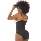 Black full-body shapewear with front zipper and open bust, worn with white bra, back view