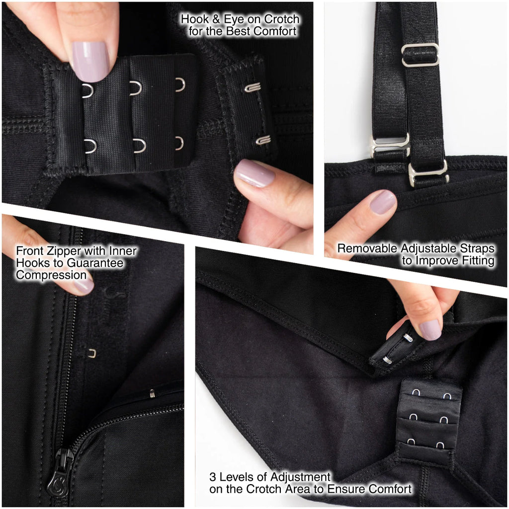 Black shapewear details: hook & eye on crotch, front zipper with inner hooks, removable adjustable straps, and 3 levels of crotch adjustment