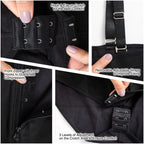 Black shapewear details: hook & eye on crotch, front zipper with inner hooks, removable adjustable straps, and 3 levels of crotch adjustment
