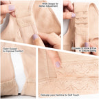 Detail shots of beige shaper: wide straps, hook-and-eye closure, open gusset, and lace hemline.