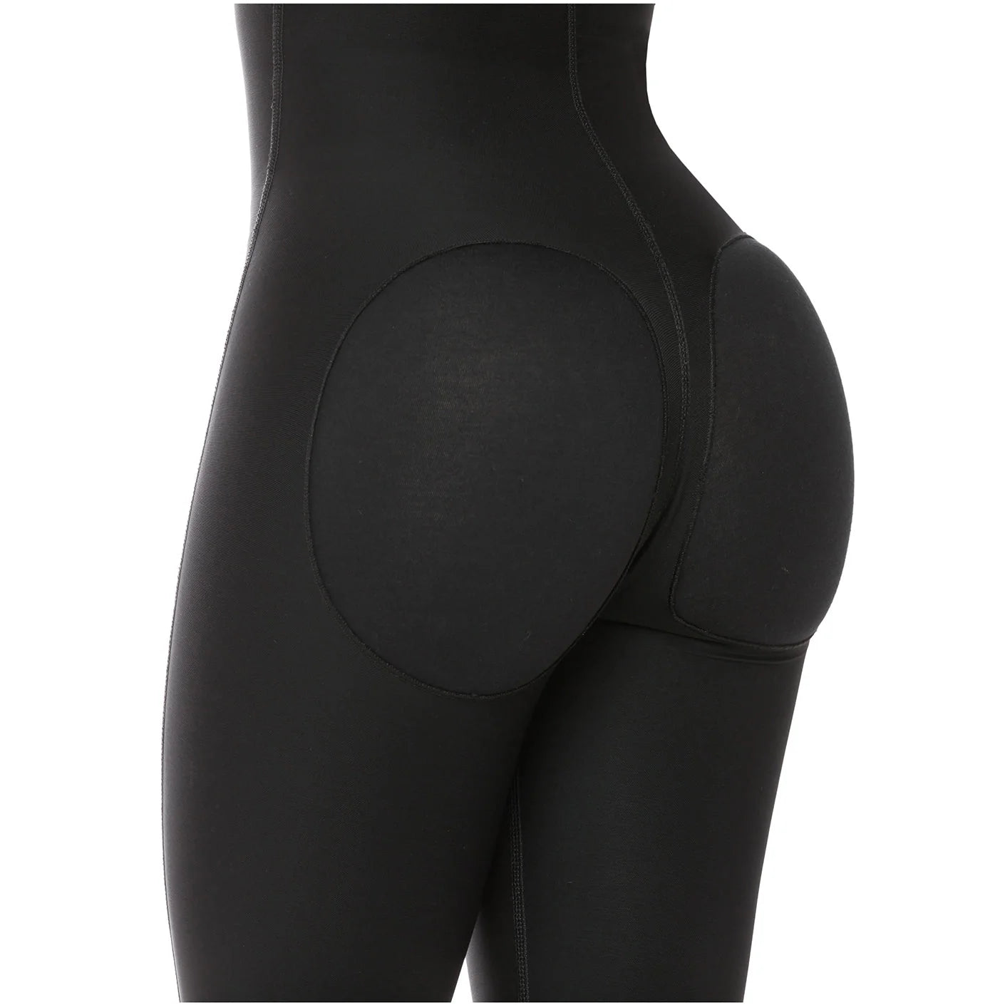 Close-up of black shaper’s rear with butt-lifting padding and smooth silhouette.