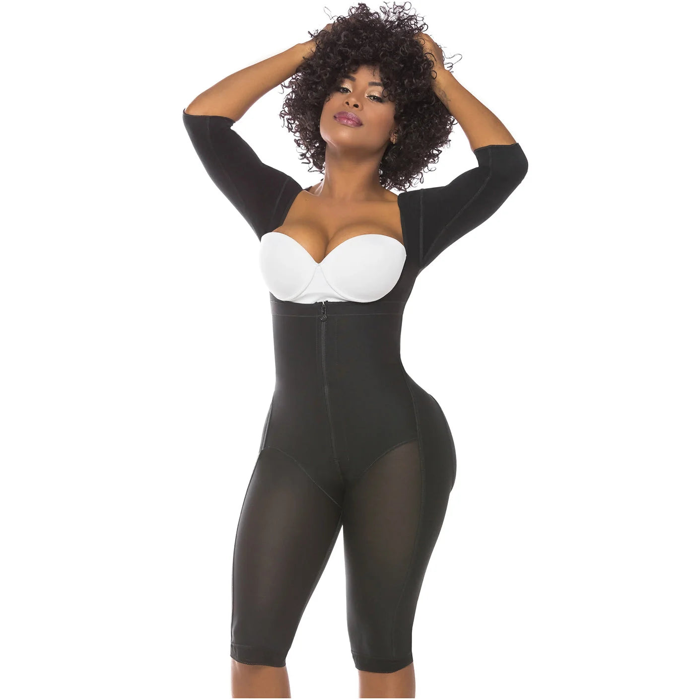 Black shaper with long sleeves, built-in white bra, and mesh panels.