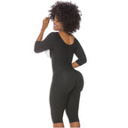 Back view of Black shaper with long sleeves, built-in white bra, and mesh panels.