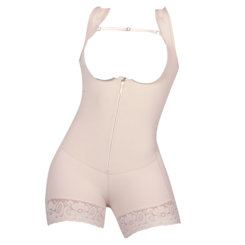 Beige shapewear with lace trim on a white background