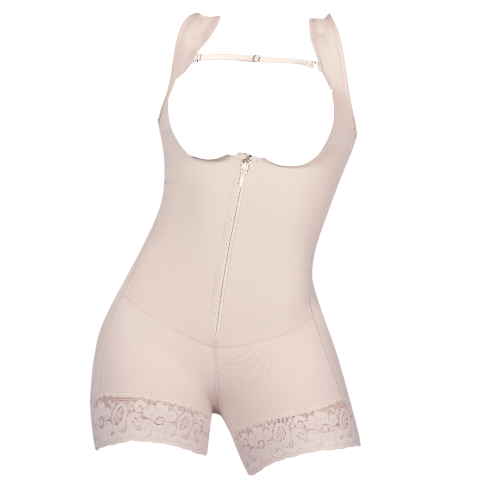 Beige shapewear with lace trim on a white background