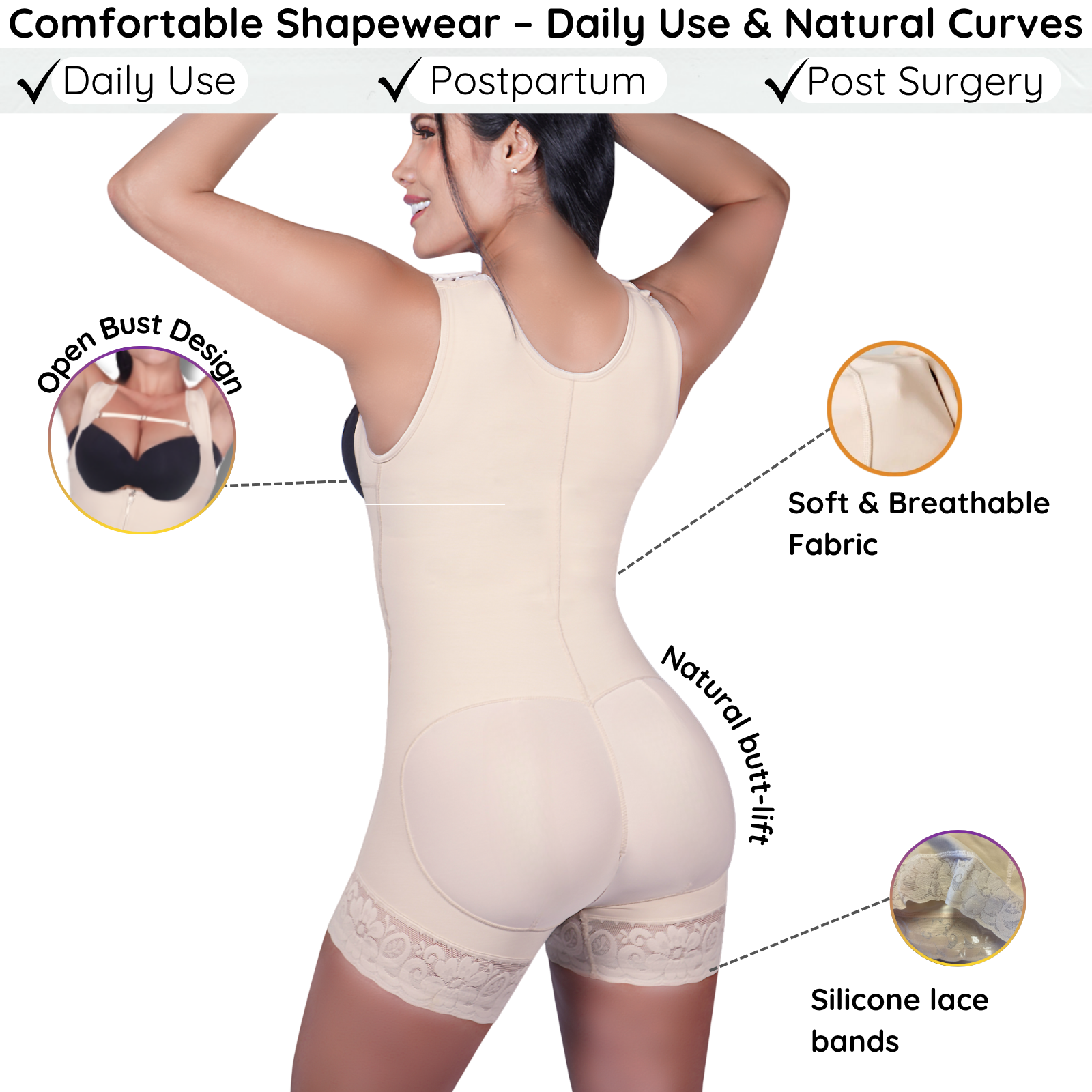 Woman wearing a beige shapewear garment with features highlighted on a white background