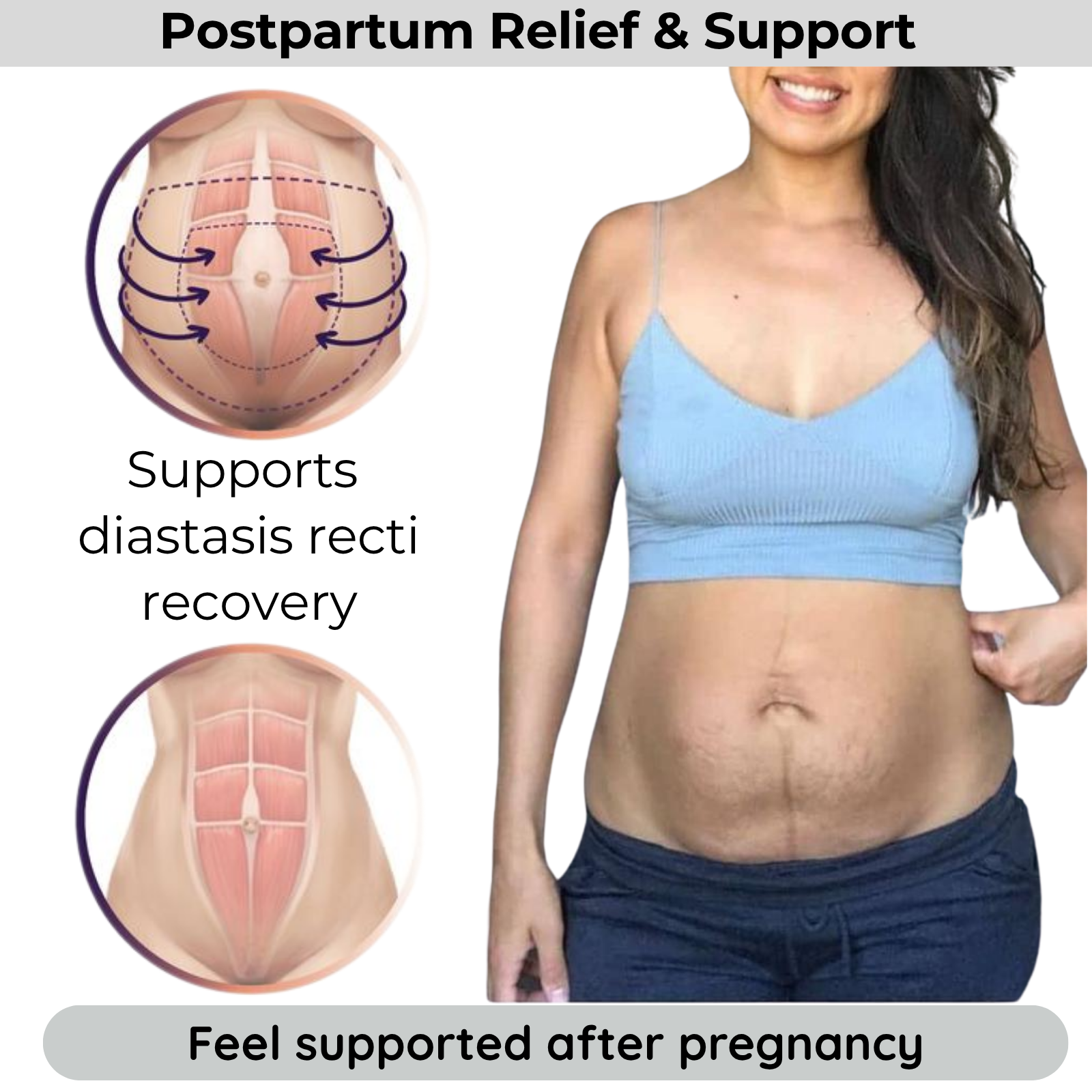 Woman wearing a blue sports bra with text about postpartum relief and support for diastasis recti recovery.