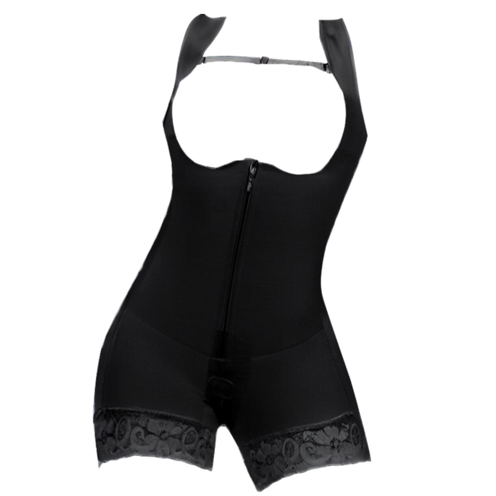 Black bodysuit with lace trim on a white background