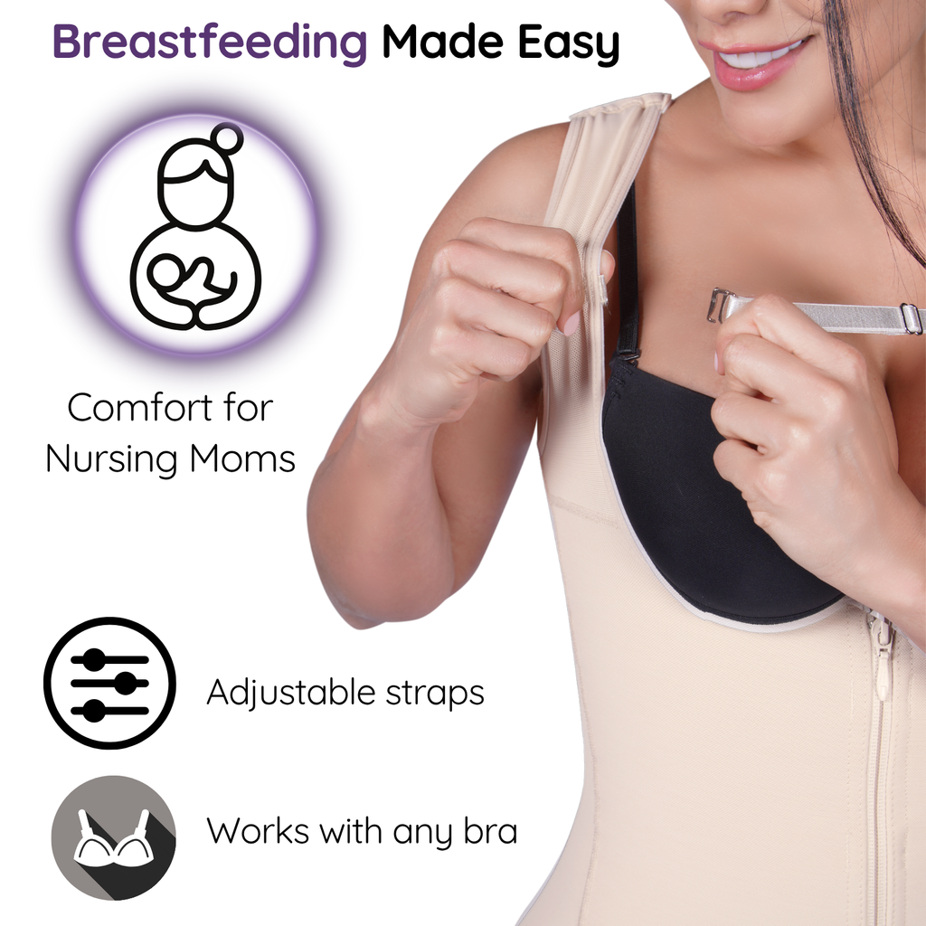 Woman wearing a breastfeeding support belt with text highlighting features like comfort for nursing moms and adjustable straps.