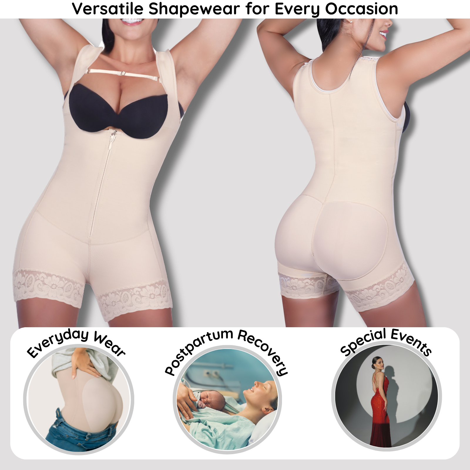 Shapewear for everyday wear, postpartum recovery, and special events on a plain background.