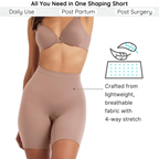 Beige shaping shorts with text on daily use, postpartum, and post-surgery benefits.