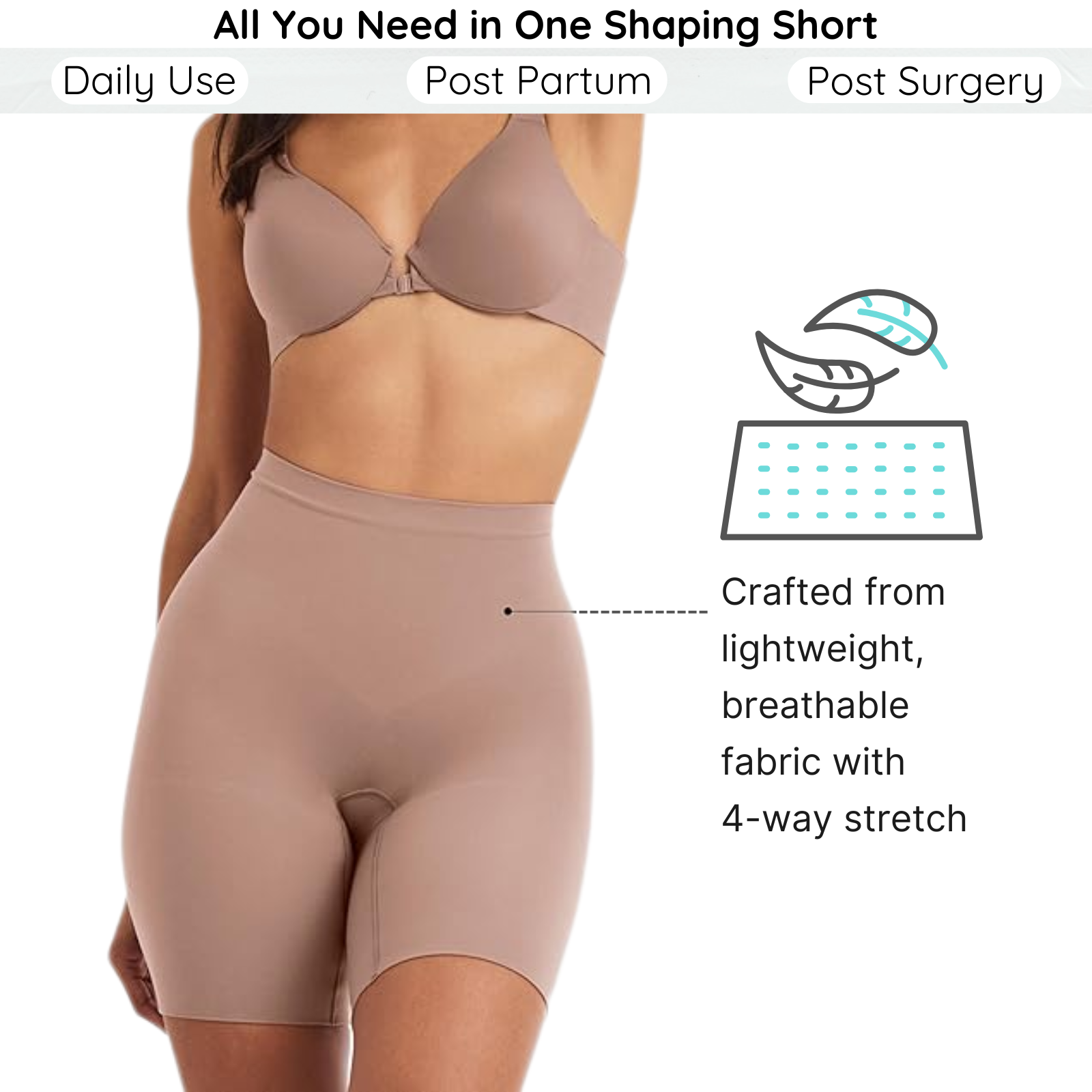 Beige shaping shorts with text on daily use, postpartum, and post-surgery benefits.