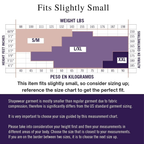 Size chart for clothing with height and weight measurements in pounds and kilograms, indicating slight size discrepancy.
