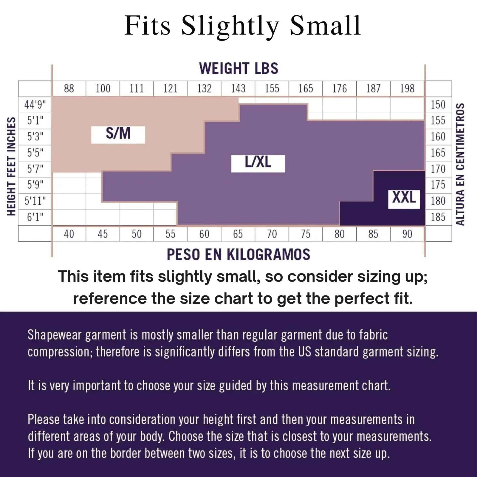 Size chart for clothing with height and weight measurements in pounds and kilograms, indicating slight size discrepancy.