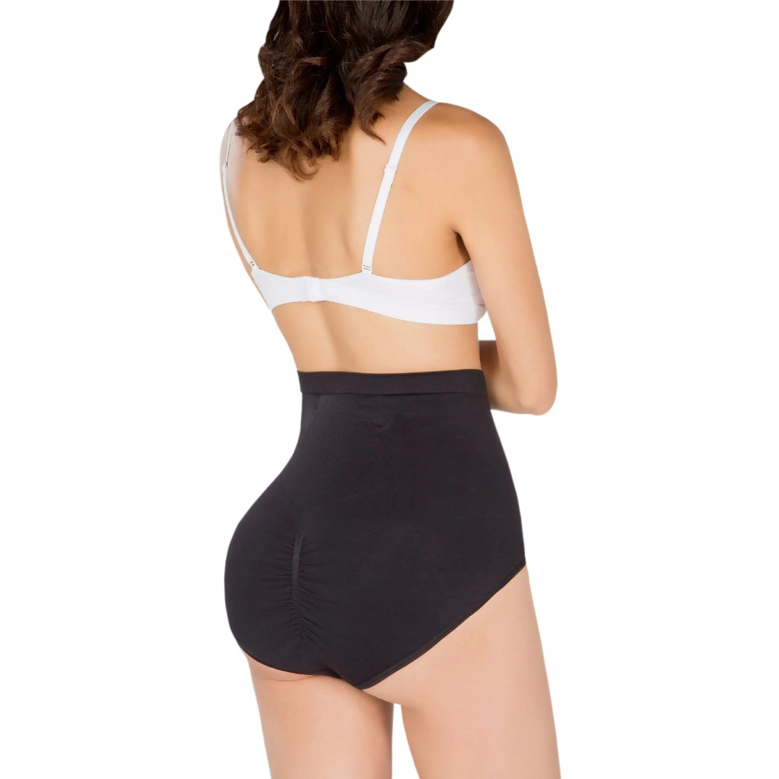 Woman wearing a white bra and black high-waisted underwear on a white background