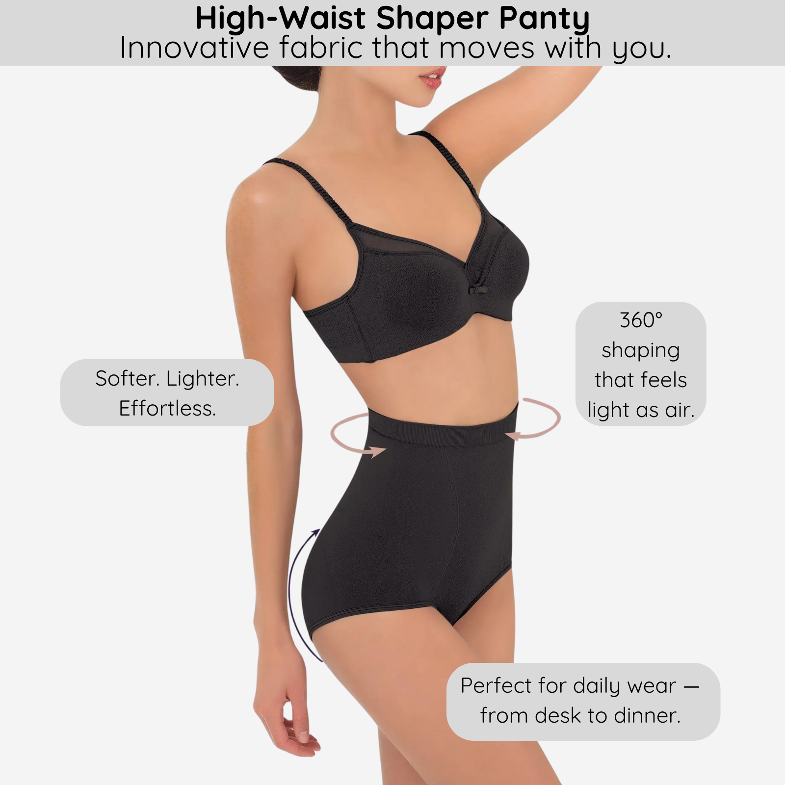 Black high-waist shaper panty worn by a model with text highlighting features on a white background.