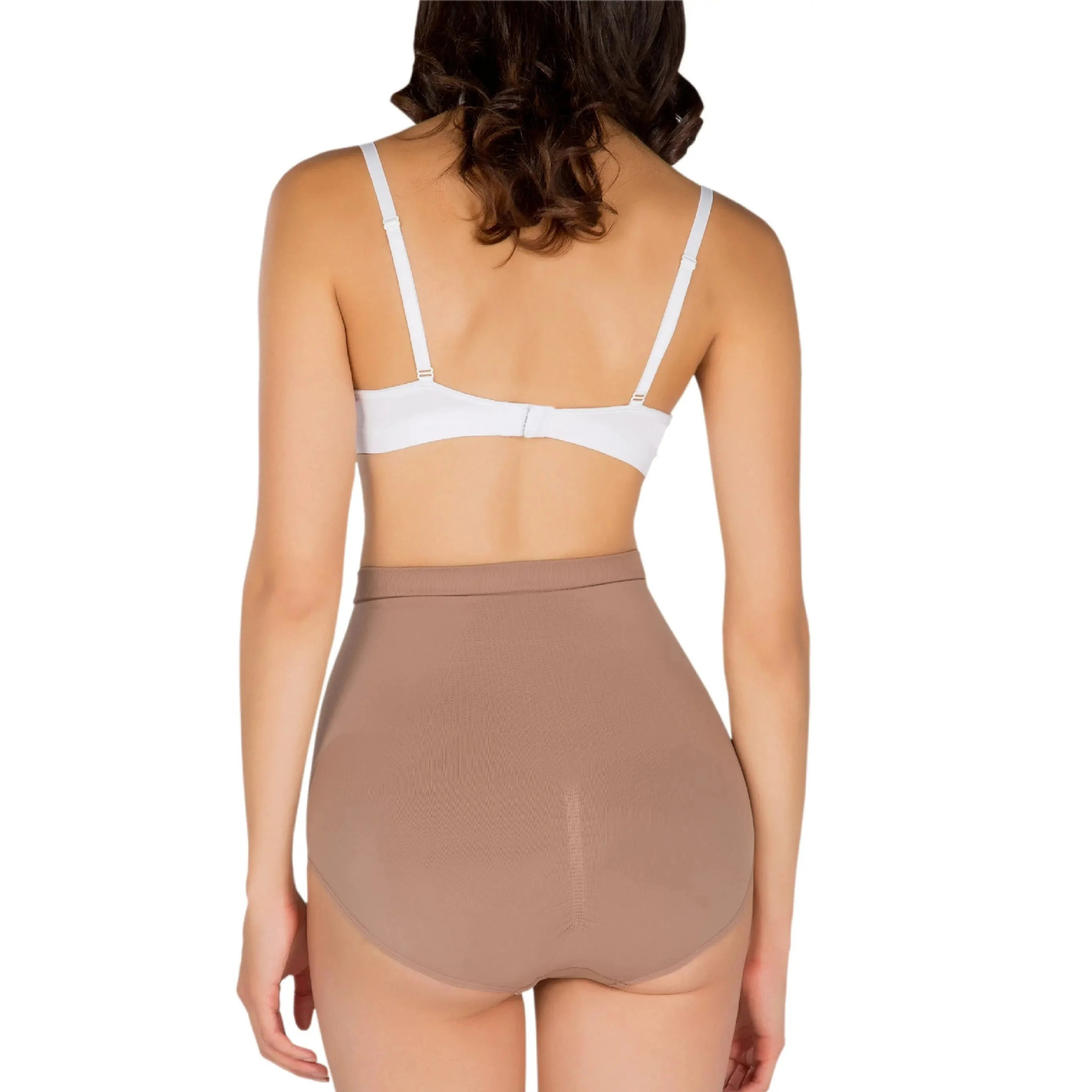 Woman wearing a white bra and brown high-waisted underwear on a white background