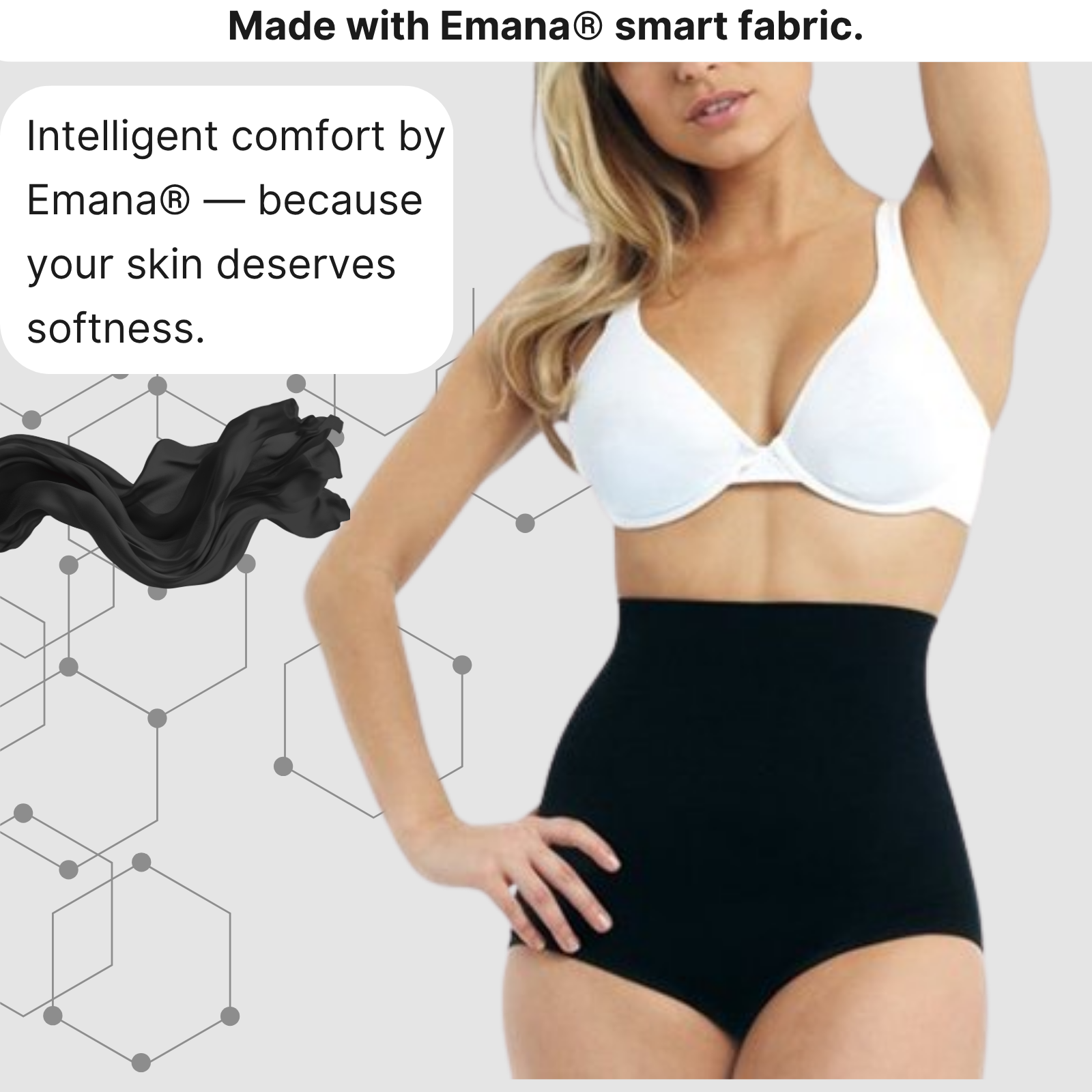 Woman wearing a white bra and black high-waisted underwear with Emana smart fabric text overlay.