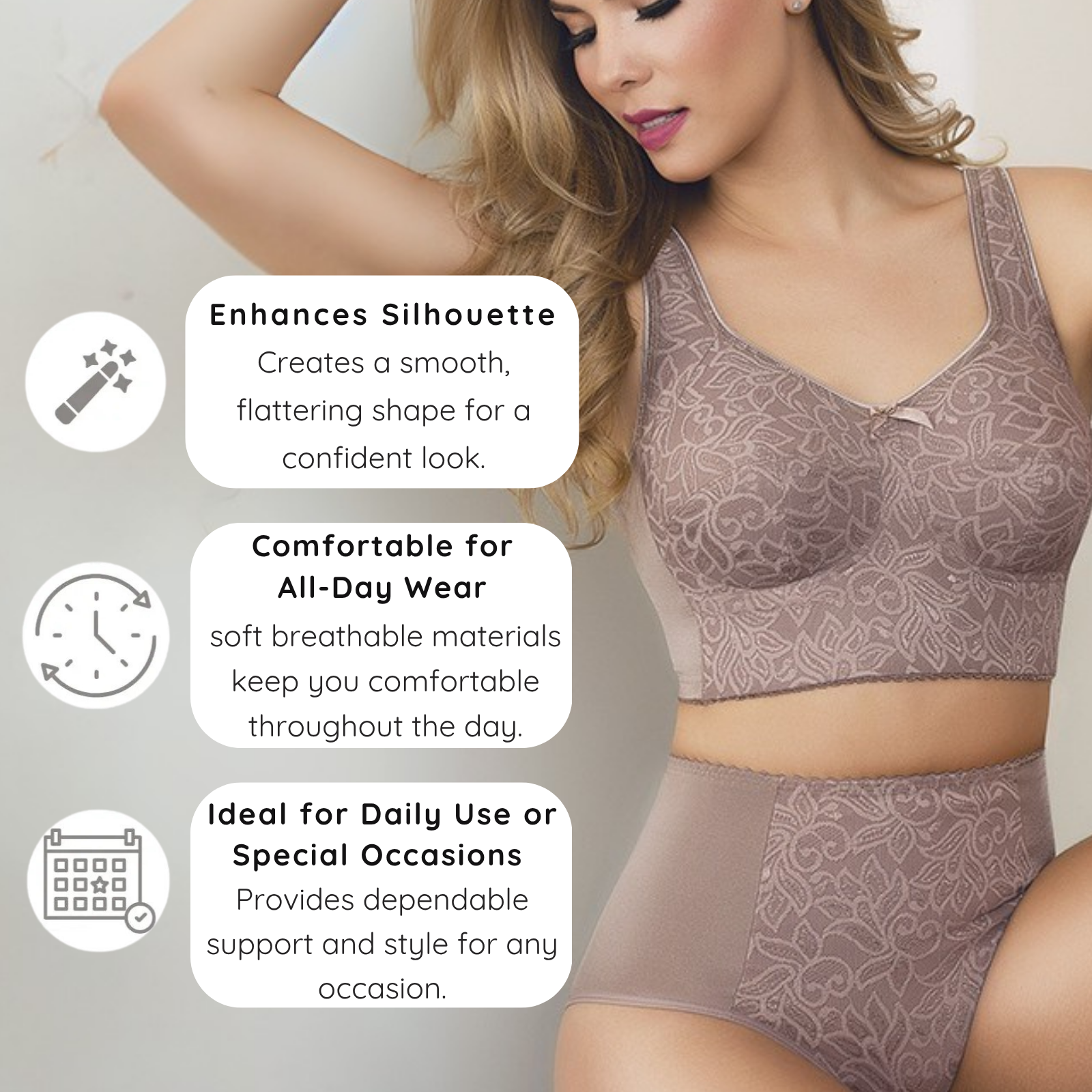 Woman wearing a patterned bra and panties with text highlighting features on a light gray background