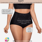 Black panty with text highlighting features on a white background