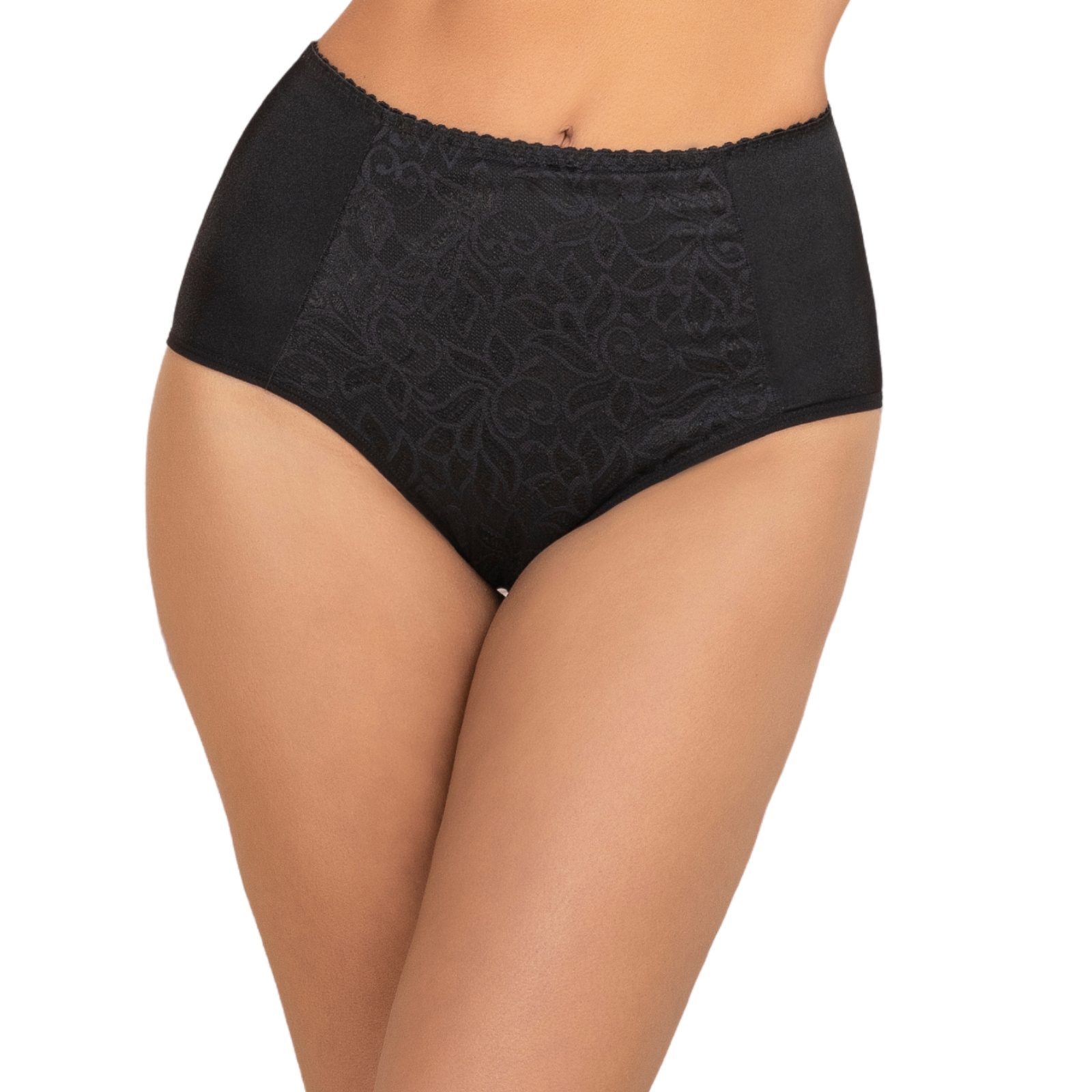 Black lace high-waisted underwear on a white background