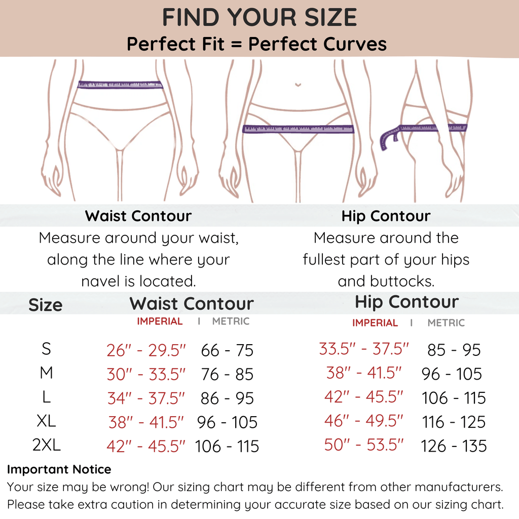 Size chart for waist and hip measurements with imperial and metric conversions.