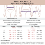 Size chart for waist and hip measurements with imperial and metric conversions.