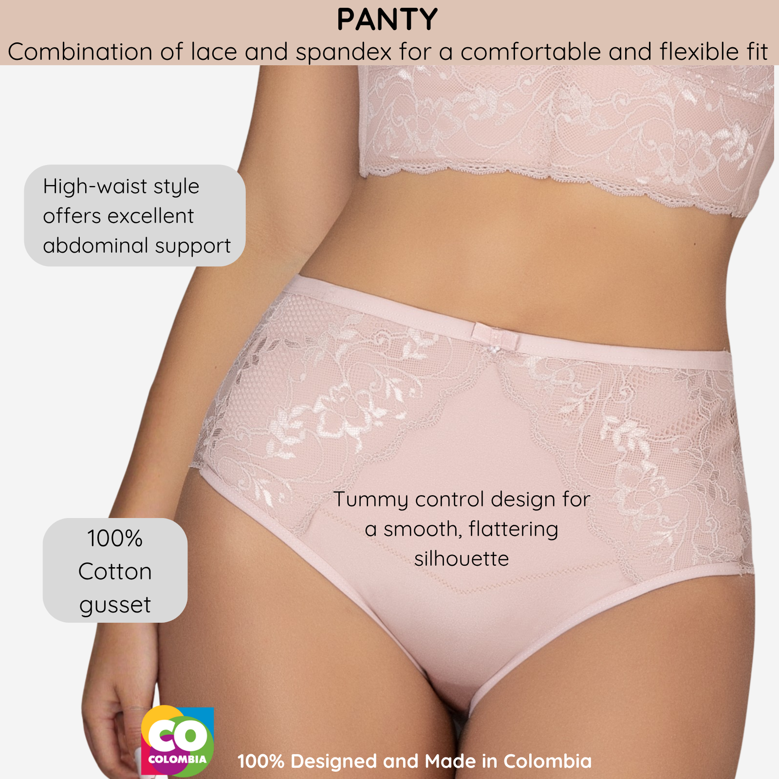 Lace panties with text highlighting features on a plain background