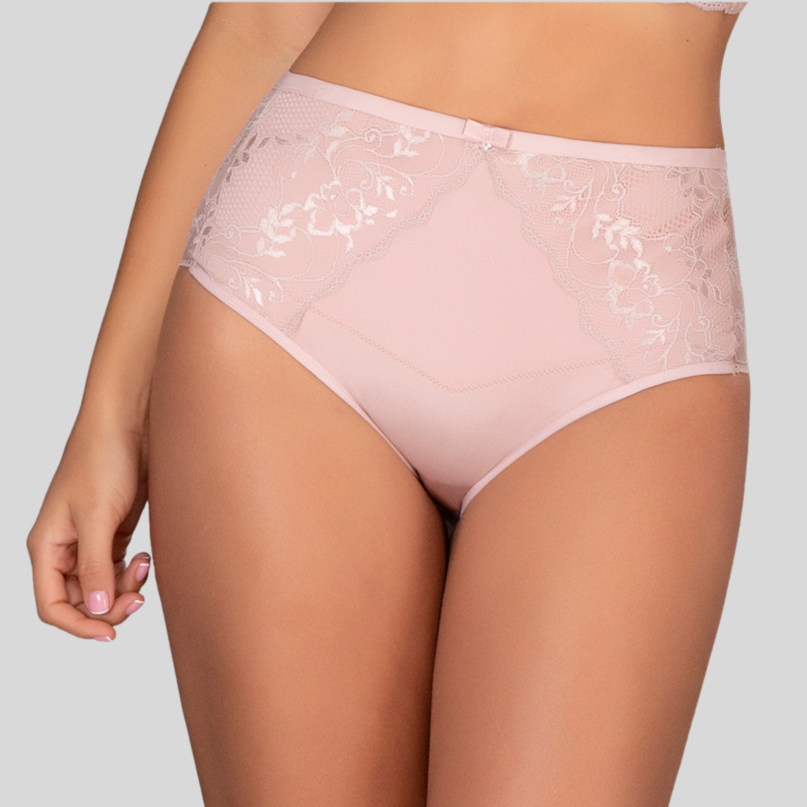 Light pink lace underwear on a neutral background