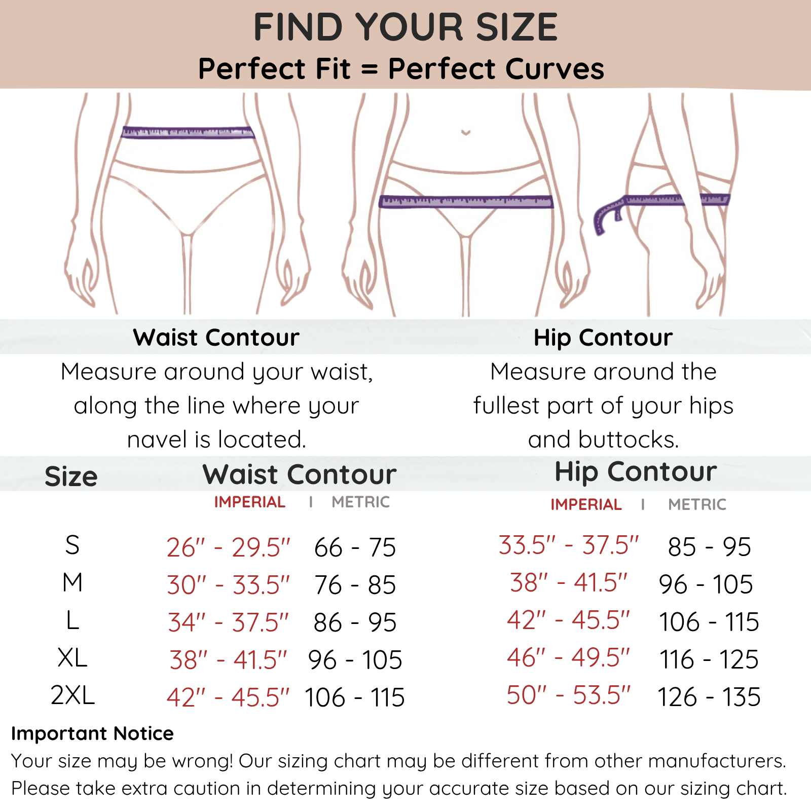 Sizing chart for waist and hip measurements with imperial and metric conversions.