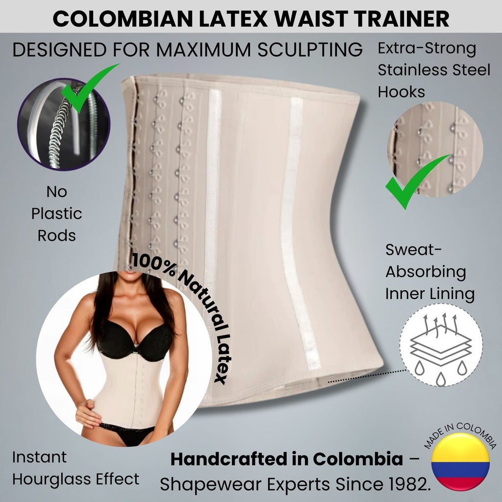 Colombian latex waist trainer with features highlighted on a gray background