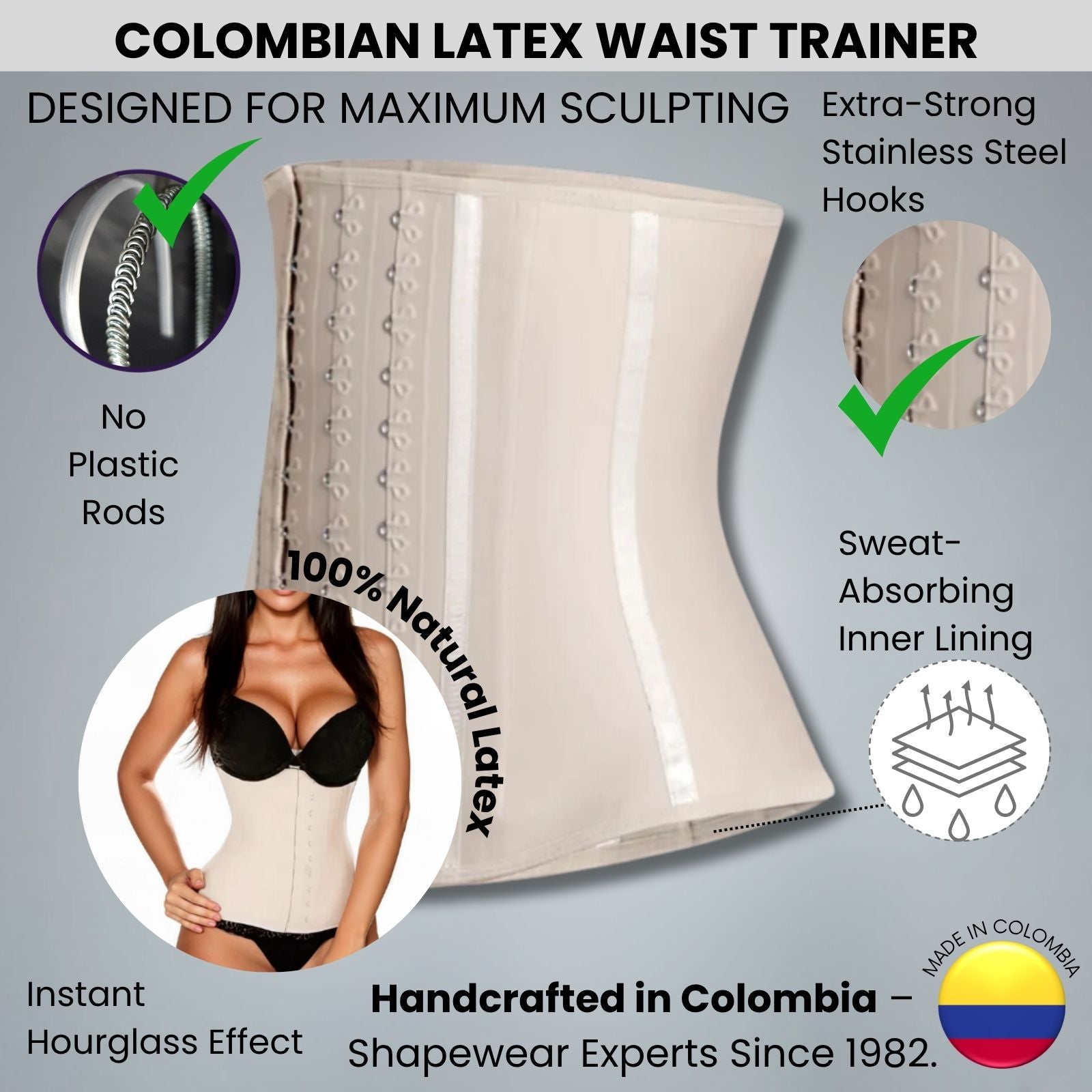 Colombian latex waist trainer with features highlighted on a gray background