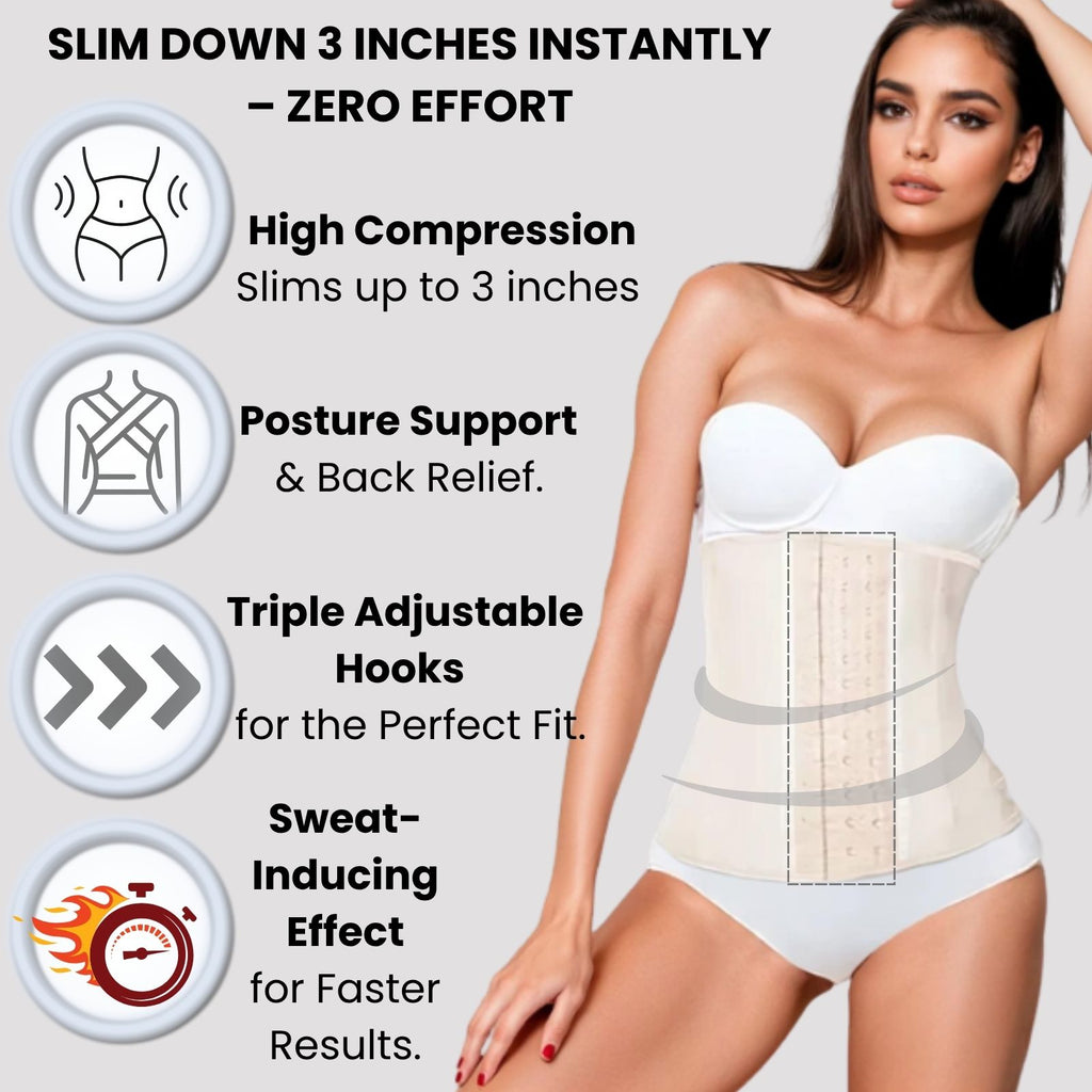 Woman wearing a waist trainer with features listed on a gray background