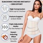 Woman wearing a waist trainer with features listed on a gray background