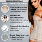 Woman wearing a corset with features listed on the left side.