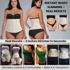 Woman wearing a waist slimming product with before and after results shown.