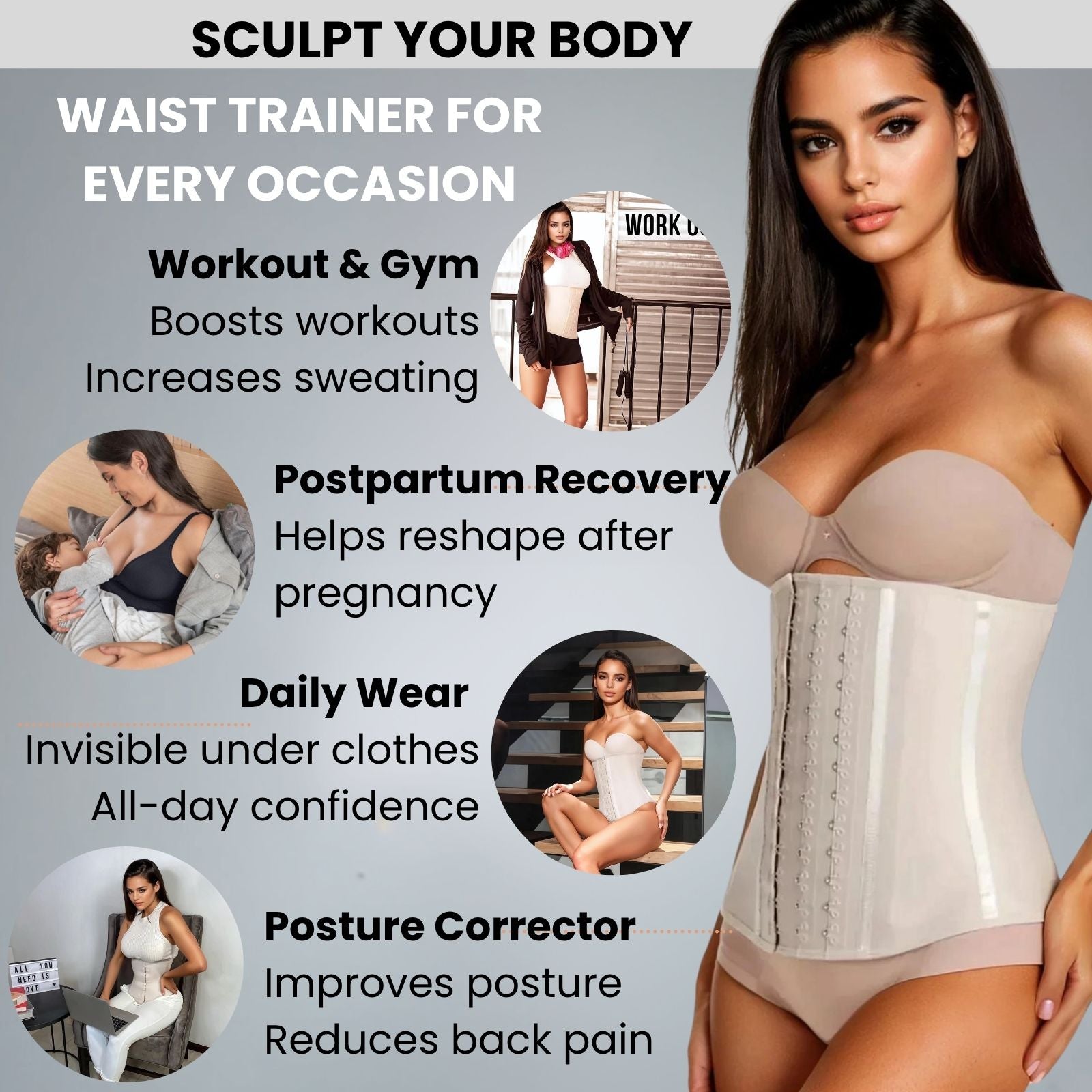 Woman wearing a waist trainer with features listed on a gray background