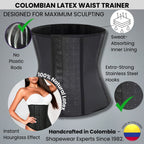 Colombian latex waist trainer with features and benefits on a gray background