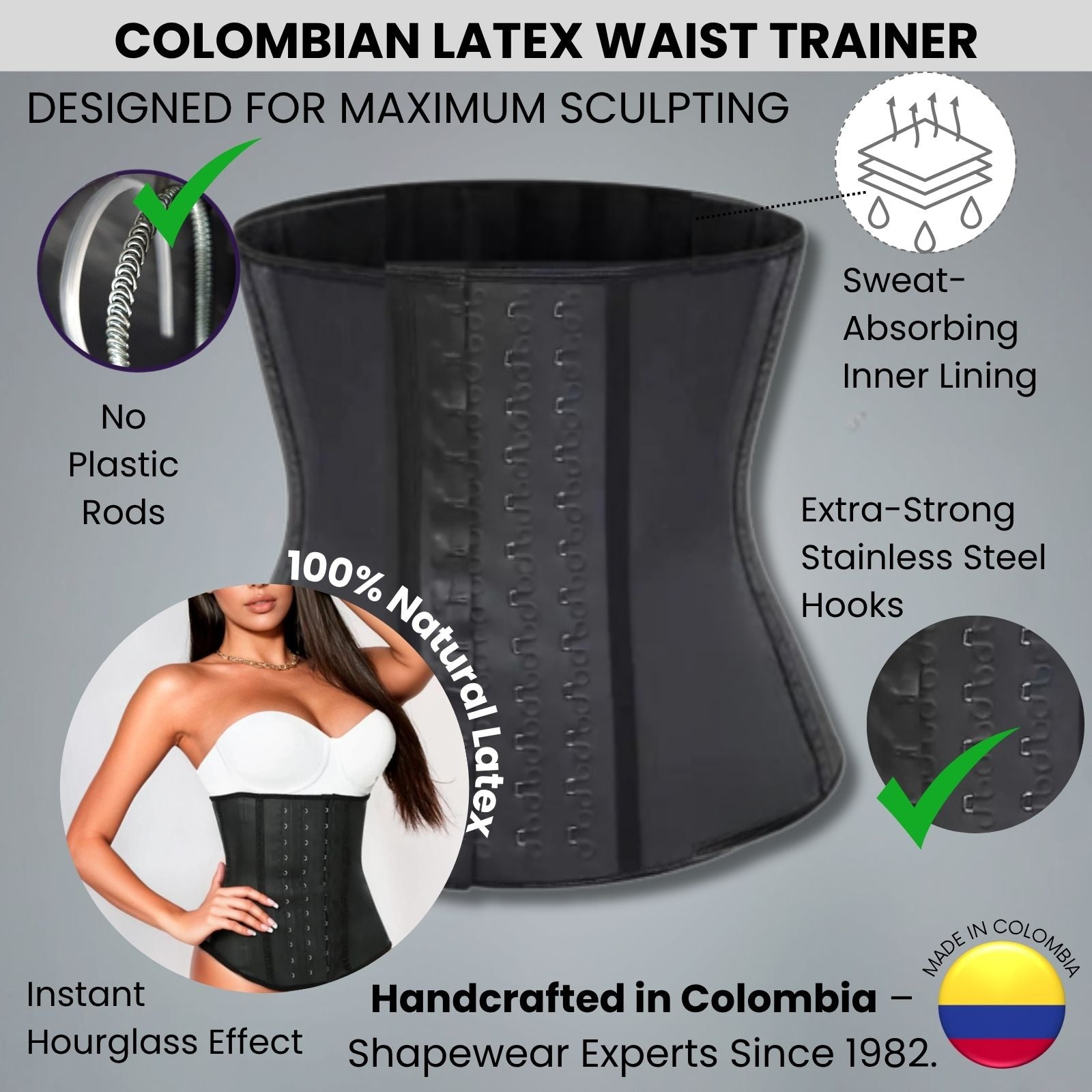 Colombian latex waist trainer with features and benefits on a gray background