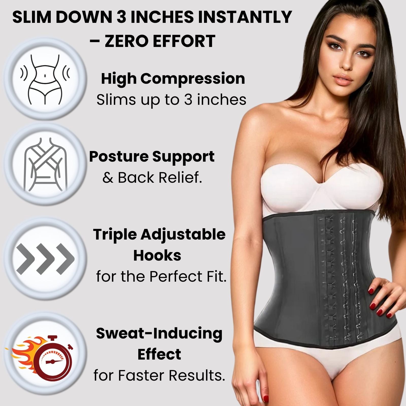 Woman wearing a black waist trainer with features highlighted on a gray background