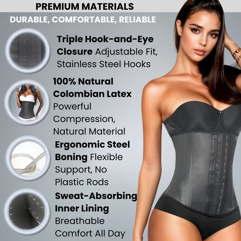 Woman wearing a black corset with premium material features listed on the left.
