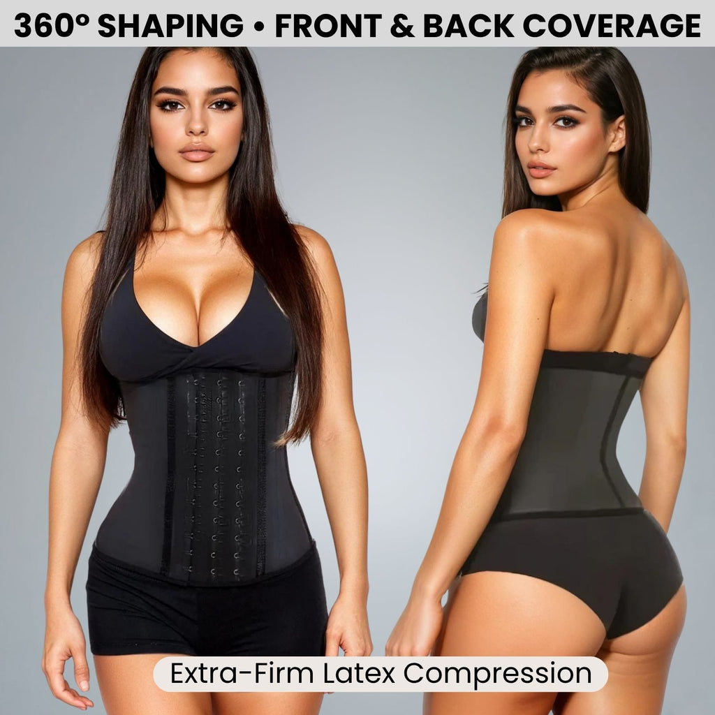 Black waist trainer with front and back coverage on a gray background