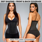 Black waist trainer with front and back coverage on a gray background