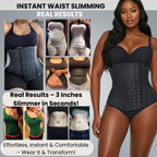 Woman wearing a waist slimming product with before and after results shown.