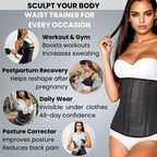 Woman wearing a waist trainer with text highlighting its uses for workouts, gym, postpartum recovery, daily wear, and posture correction.