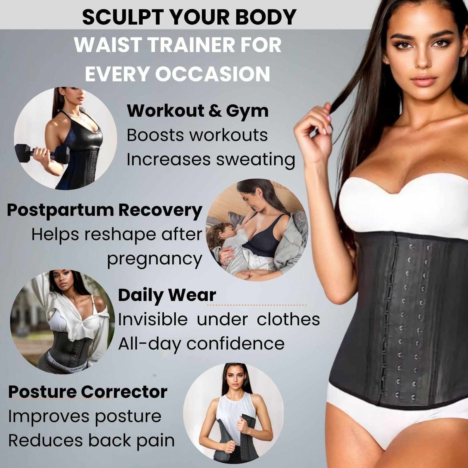 Woman wearing a waist trainer with text highlighting its uses for workouts, gym, postpartum recovery, daily wear, and posture correction.