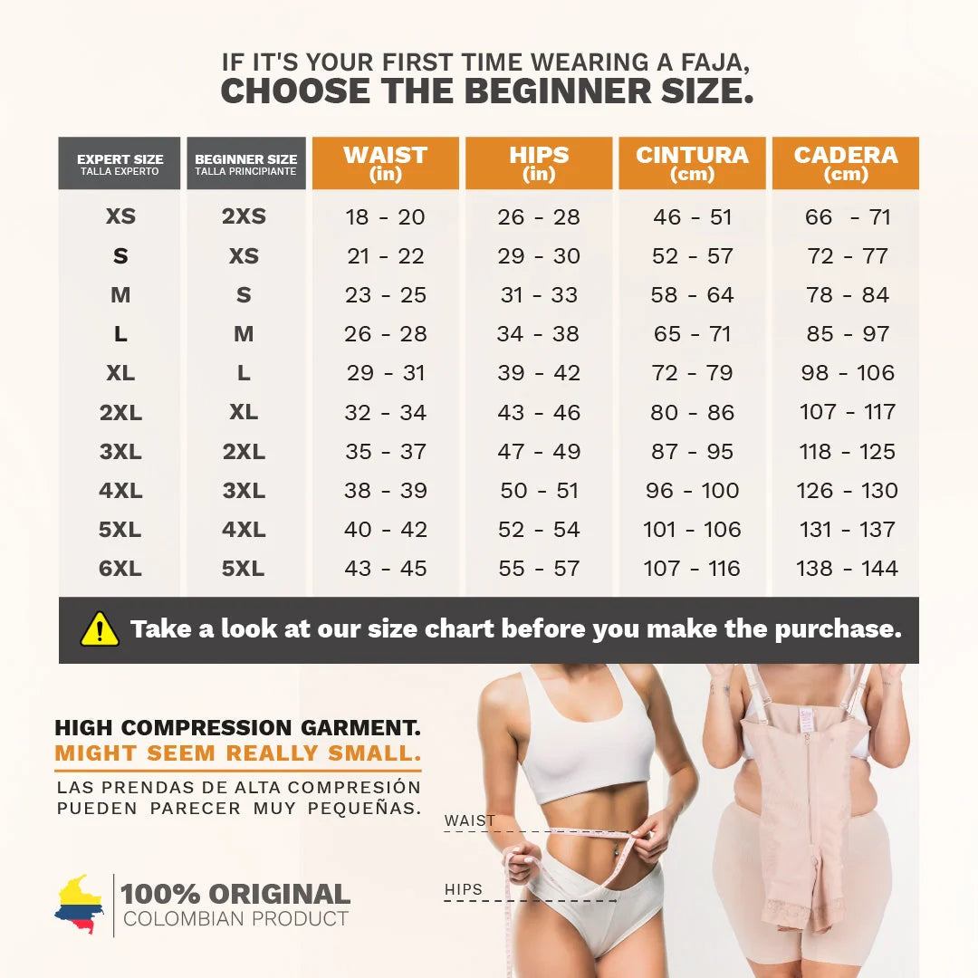 Size chart for fajas with waist, hips, and circumference measurements, featuring images of a woman measuring her waist and wearing a faja.