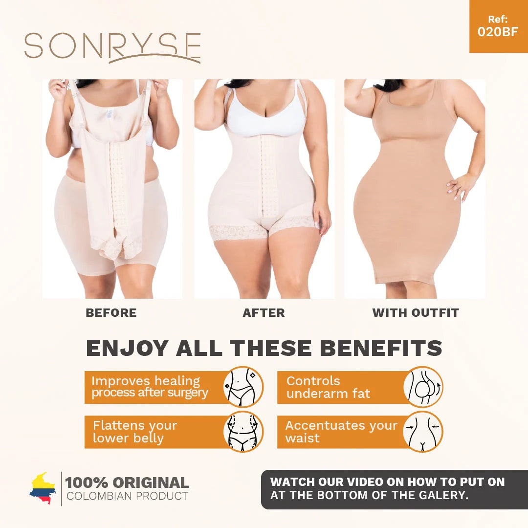 Sonryse 022ZF Colombian Faja – High Compression Postpartum & Post-Surgery Bodysuit with Built-In Bra and Powernet Support