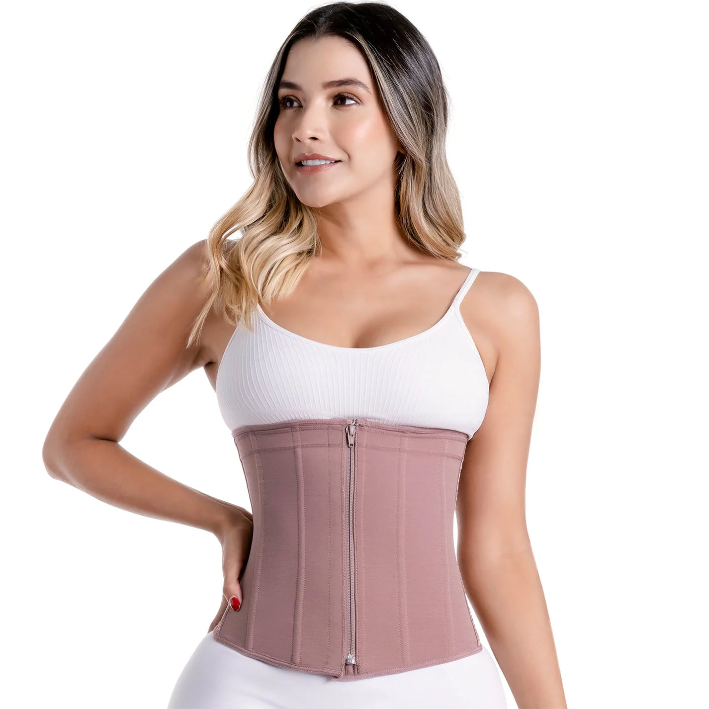 Woman wearing a brown waist trainer with a white background